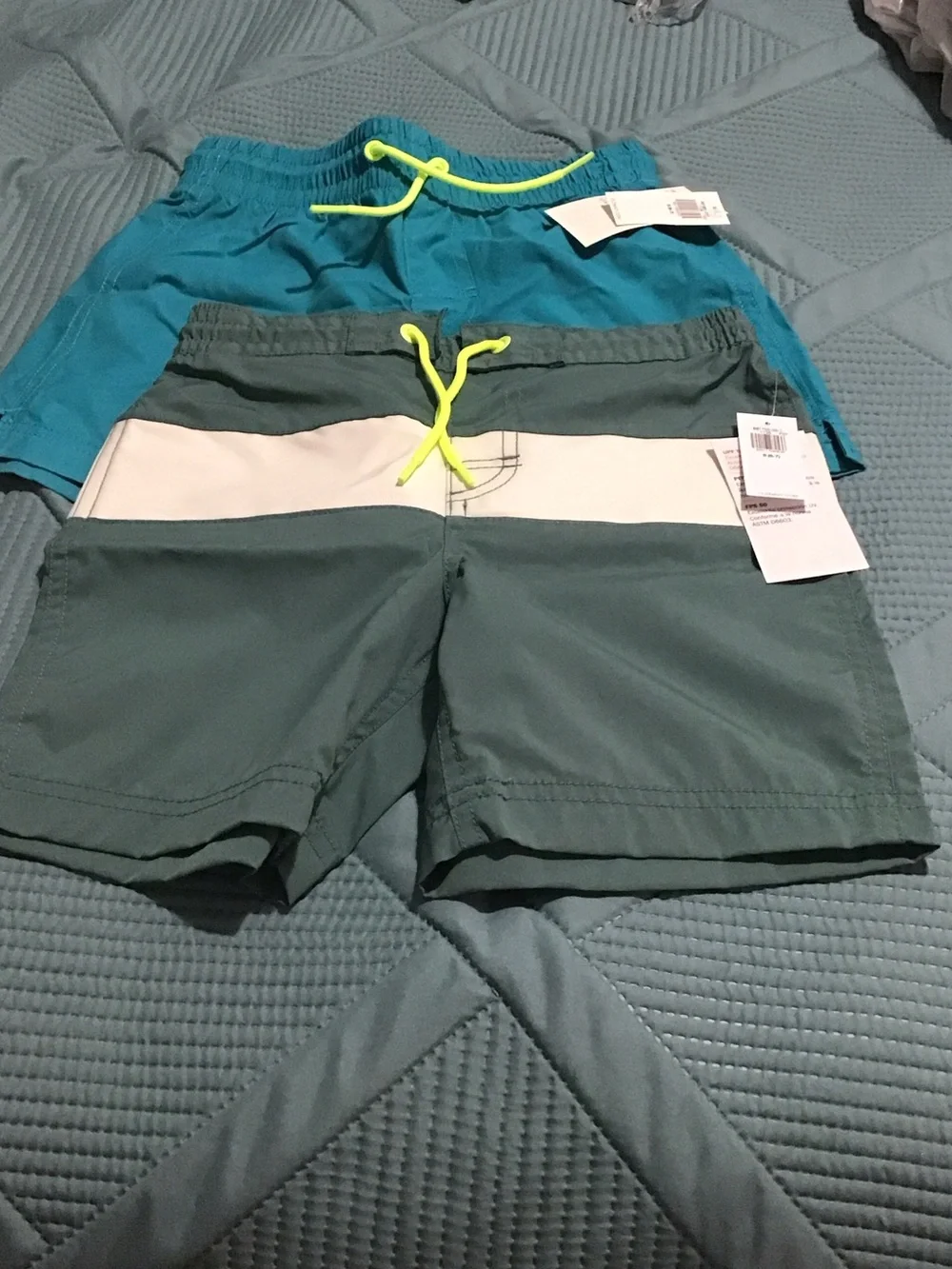 Old Navy Boys 1 Teal and 1 Green Swim Shorts with Neon Drawcord